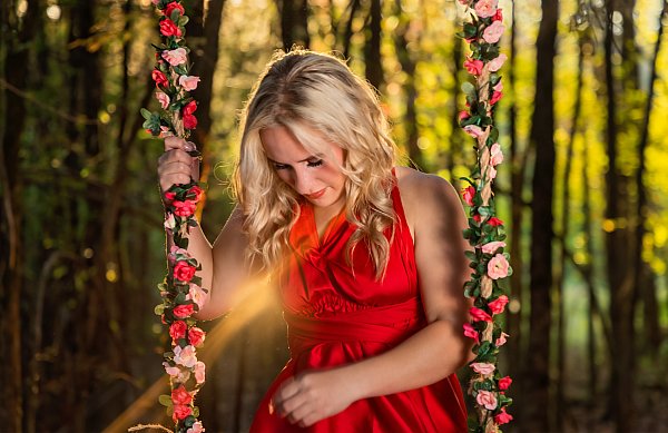 Senior Portrait Red Dress Homemade Swing in Forrest Searcy, Arkansas.jpg